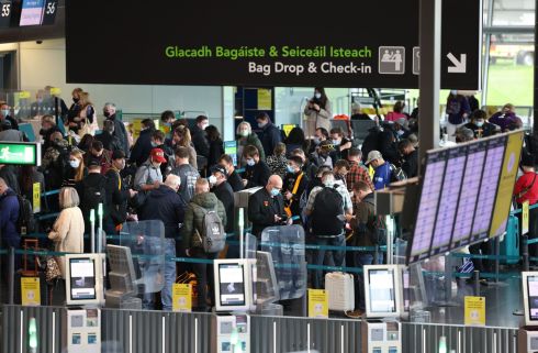 OFF STATESIDE: Queues form in the Departures area of Dublin Airport as people prepare to fly to the United States after the country lifted its ban on incoming travellers, as long as they are fully vaccinated against Covid-19. Photograph: Dara Mac Dónaill
