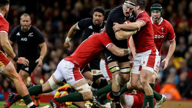 New Zealand’s Brodie Retallick is tackled by Aaron Wainwright and Ryan Elias of Wales in the Principality Stadium, Cardiff last Saturday. Photograph: James Crombie/Inpho