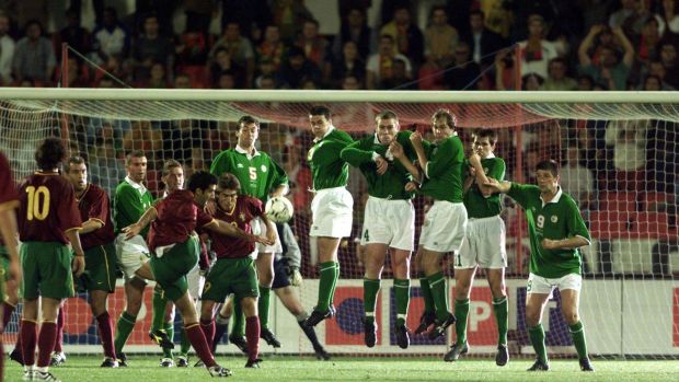 Luis Figo takes a free-kick for Portugal against Ireland in 2000. Photograph: Tom Honan/Inpho