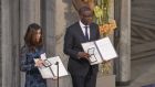 Denis Mukwege and Nadia Murad pose on stage after receiving the Nobel Peace Prize 2018 at Oslo City Town Hall on December 10th, 2018. Photograph: Erik Valestrand/WireImage