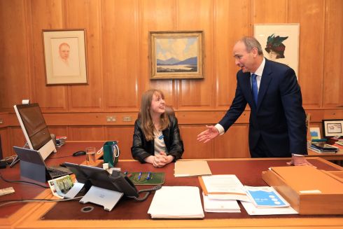 TAKING OVER: Liadh Dalton (15) meets Taoiseach Micheál Martin to talk in his office about how farming communities and those addressing the climate crisis can work together in Leinster House, Dublin. The teenage farmer and climate activist from Co Offaly, won the Unicef Ireland #KidsTakeOver competition. Photograph: Julien Behal
