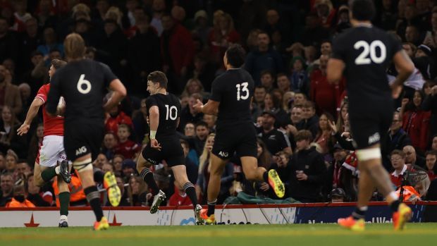 Beauden Barrett breaks free to score a try against Wales two weeks ago. Photo: James Crombie/Inpho