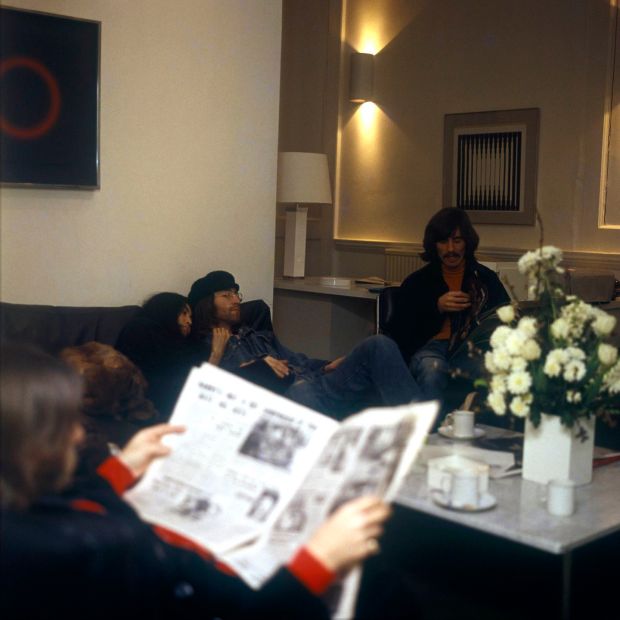 The Beatles: Yoko One with John Lennon and George Harrison at the band’s London offices in 1969. Photograph: RB/Redferns via Getty