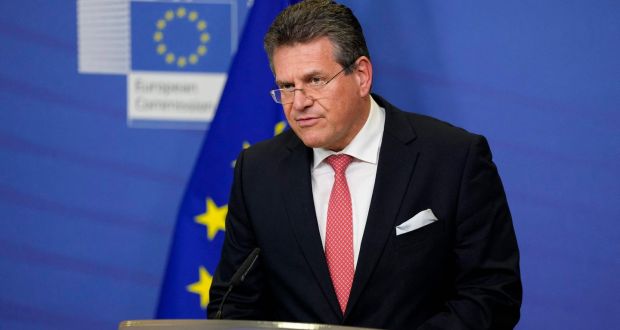 European Commission vice-president  Maros Sefcovic: ‘I acknowledge and welcome the change in tone of discussion with David Frost today, and I hope this will lead to tangible results for the people in Northern Ireland.’ Photograph: Virginia Mayo/Pool/AFP via Getty