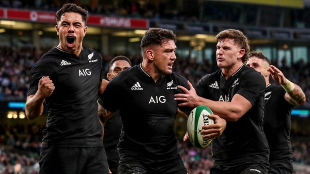 New Zealand’s Anton Lienert-Brown celebrates after Codie Taylor scores a try during the autumn international against Ireland at the Aviva Stadium. Photograph: Gary Carr/Inpho