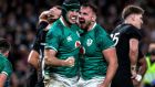 Ireland’s Caelan Doris celebrates with Rónan Kelleher after scoring a try during the autumn international against New Zealand at the Aviva Stadium. Photograpgh: Gary Carr/Inpho