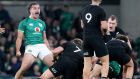  James Lowe  reacts during the autumn international between Ireland and New Zealand at the Aviva Stadium. Photograph:  Paul Faith/AFP via Getty Images