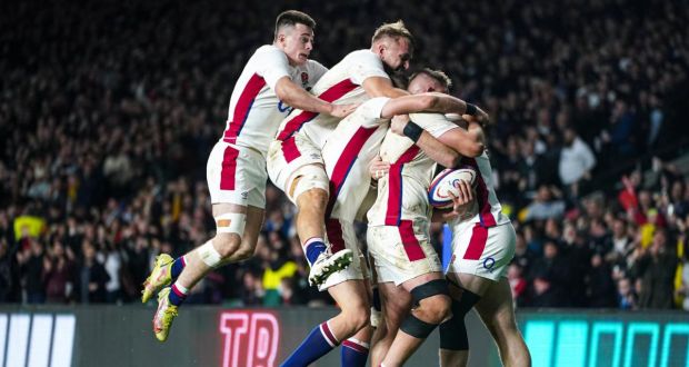 England’s Jamie Blamire celebrates with his team-mates after scoring his team’s second try late in the game against Australia at Twickenham. Photograph:  Mike Egerton/PA Wire