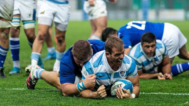Argentina’s Facundo Bosch celebrates after scoring a try during the game against Italy at Stadio di Monigo in Treviso. Photograph: Juan Gasparini/Inpho