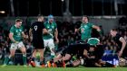 Ireland’s James Lowe celebrates a penalty in the final seconds of the game against New Zealand at the  Aviva Stadium. Photograph: Gary Carr/Inpho