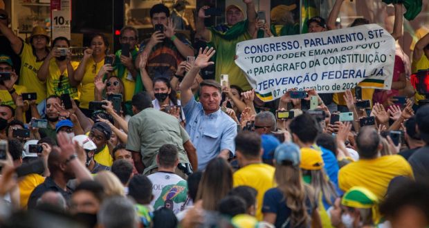  President Jair Bolsonaro of Brazil during independence day celebrations in Sao Paulo in September. With his poll numbers falling, President Bolsonaro is already questioning the legitimacy of next year’s election. Photograph: Victor Moriyama/New York Times