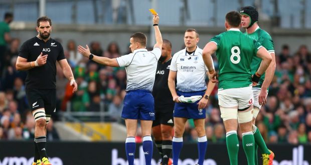  Luke Pearce shows a yellow card to Codie Taylor of New Zealand. Photograph: Ken Sutton/Inpho 