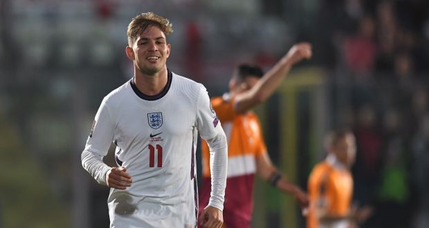 Emile Smith Rowe scored England’s seventh goal on his international debut. Photograph: Alessandro Sabattini/Getty