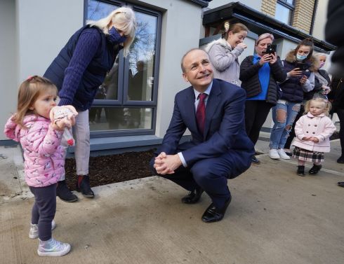 SPECIAL VISIT: Taoiseach Micheál Martin (right) meets local residents during a visit to the Gort Fionnbarra housing development in Navan, Co Meath, Ireland. Photograph: Niall Carson/PA Wire
