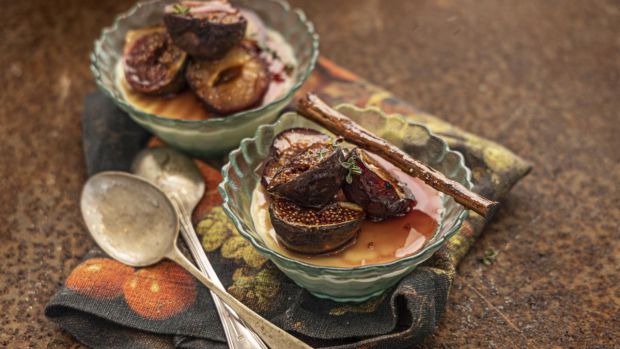 Festive dessert: orange pannacotta , roasted figs, plums and thyme