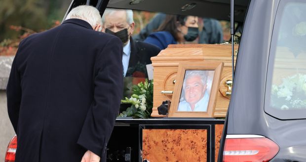 The remains of the former chairman of Anglo Irish Bank, Sean Fitzpatrick, arrive at the Holy Rosary Church in Greystones, for his funeral mass. Photograph: Nick Bradshaw 