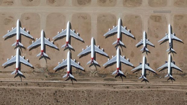 Qantas Airbus A380 superjumbo aircraft in storage at Southern California Logistics Airport, in the Mojave Desert. Photograph: Google Earth
