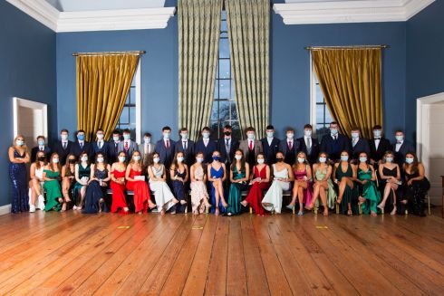 DELAYED DEBS: The class of 2021 from Abbey Community College in Boyle, Co Roscommon, photographed in Kings House, as they finally get to have their debs ball on the third attempt. They will, nevertheless, have to vacate their hotel venue at midnight due to Covid-19 restrictions. Photograph: Brian Farrell