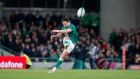 Ireland’s Joey Carbery successfully kicks a penalty against New Zealand. Photograph: Peter Morrison/AP 