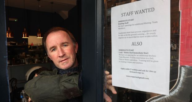 Red Kennedy of Voici creperie and wine bar in Rathmines, Dublin. ‘Anyone with experience can name their price. But there is a limit. I know that certain companies aren’t opening on certain days because they don’t have the staff.’Photograph: Dara Mac Dónaill 