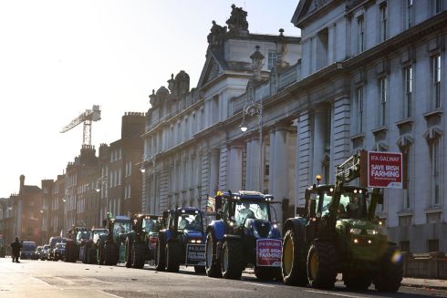 Farmers demonstrate in the city with a drive past Government Buildings and on to Merrion Square, Dublin. Photograph: Dara MacDonaill/The Irish Times









