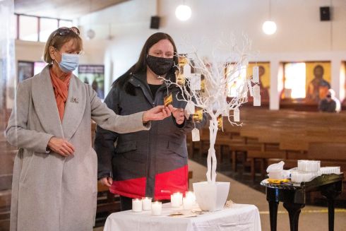 St Francis of Assisi Church, Priorswood, Coolock, Dublin, where a Mass was celebrated for World Day of Remembrance for road traffic victims and their families. Pictured are Elizebeth Hyland and Valerie Hyland, grandmother and mother of Paul McCormack.  He died in a road 2015 accident and was aged 16. Photograph: Tom Honan/The Irish Times
