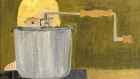 A painting featuring artist Mollie Douthit’s stovetop, hand-cranking popcorn popper