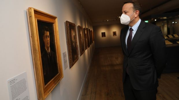 Tánaiste Leo Varadkar looks at a portrait of Michael Collins at the exhibition launch at the National Museum of Ireland - Collins Barracks. Photograph: Julien Behal Photography