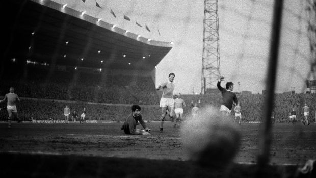 George Best scores for United in a 1968 derby match at Old Trafford. Photograph: Getty