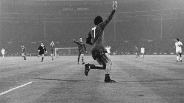 George Best celebrates after scoring Manchester United’s second in extra-time of their 4-1 European Cup final win over Benfica at Wembley. Photograph: Getty