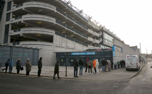 TAKE A SHOT: Members of the public queue outside the Croke Park vaccination centre in Dublin. Photograph: Gareth Chaney/Collins
