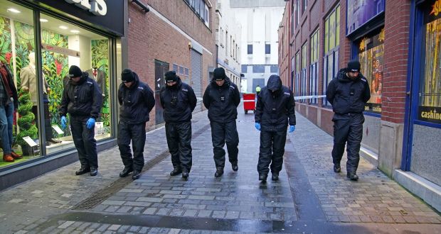 Police conduct a search near the scene in Liverpool city centre after 12-year-old Ava White died following an assault.  Photograph:  Peter Byrne/PA Wire