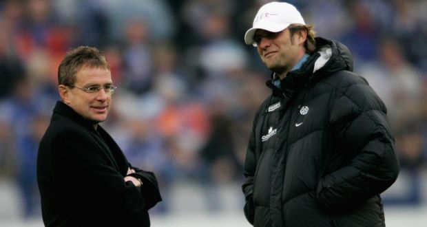 Rangnick and Klopp pictured together in 2005 when Rangnick managed Schalke and Klopp was at Mainz. Photo: Christof Koepsel/Bongarts/Getty Images