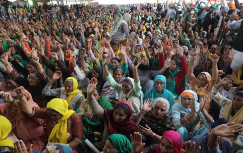 FARMERS' PROTEST: Indian farmers take part in a protest near the Delhi-Haryana border, India. Photograph: Rajat Gupta/EPA
