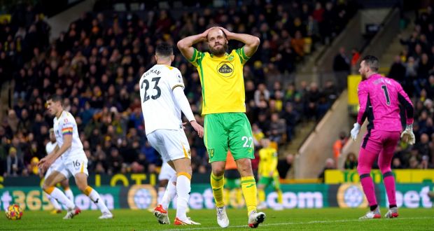 Norwich City’s Teemu Pukki rues a missed chance during the Premier League match against Wolves at Carrow Road. Photo: Joe Giddens/PA Wire