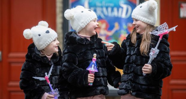 From left, Evie, Jayda  and  Callie Mae Murphy from Ballyfermot before  The Little Mermaid pantomime at the Gaiety. Photograph: Tom Honan 