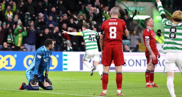 Callum McGregor scores Celtic’s winner against Aberdeen. Photograph: Steve Welsh/PA