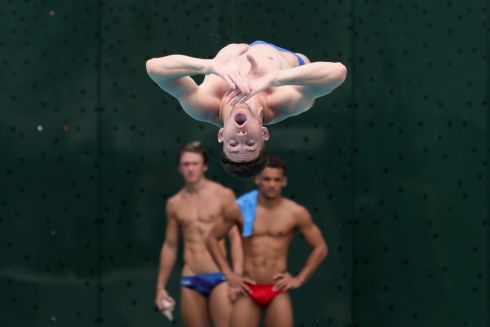 HE'S AIRBORNE: Jose Quintana of Cuba competes in the Men's 1m Springboard event during the Diving section of the Junior Pan American Games at Hernando Botero O'Byrne Swimming Pools, Cali, Colombia. Photograph: Carlos Ortega/EPA