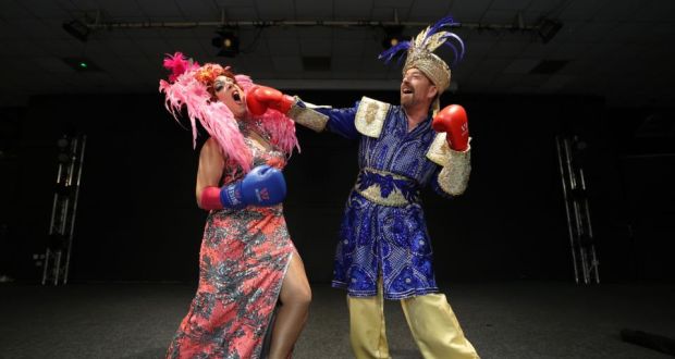  Rob Murphy (left) as panto Dame Buffy and Alan Hughes as Sammy Sausages in this year’s ‘Aladdin’ panto show in the National Stadium.  Photograph: Nick Bradshaw/The Irish Times
