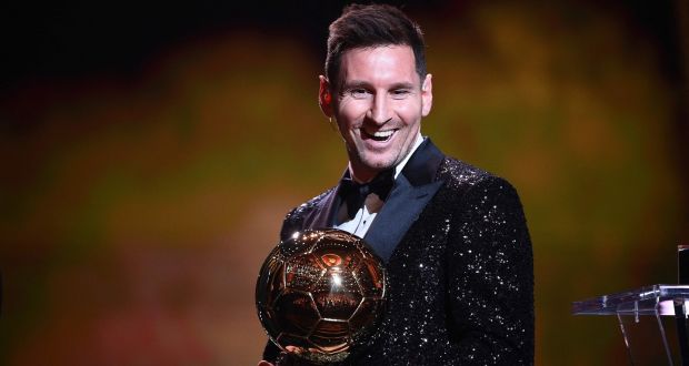 Paris Saint-Germain’s Lionel Messi reacts after being awarded the the Ballon d’Or. Photo: Franck Fife/AFP via Getty Images