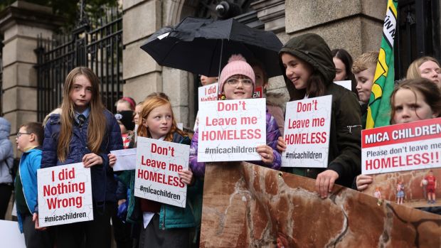 Children of families from Co Donegal, affected by Mica in their homes, protesting outside the Dáil in October. Photograph: Dara Mac Dónaill