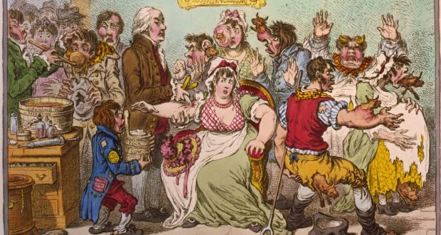 The satirist James Gillray channelled  popular anxieties about vaccination  in his 1802 cartoon The Cow Pock–or–the Wonderful Effects of the New Inoculation! At the centre, Edward Jenner is seen delivering a  vicious gouge to a woman’s arm with his lancet as all around her the previous vaccine recipients undergo horrible transformations. 