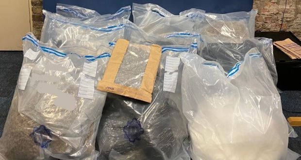 A total of 66kg of cannabis along with a small amount of cocaine, with a total valuation of €1.32 million, were found by the search teams. Photograph: Garda Press Office