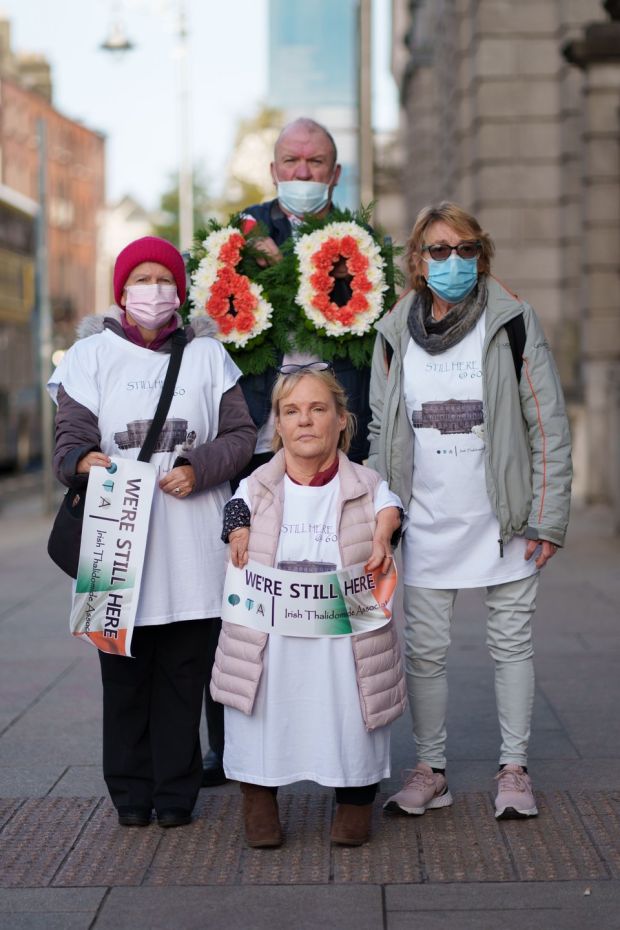 Thalidomide survivors Maggie Woods (centre), Geraldine Kilduff, Jacqui Browne and Tommy Burbage protesting outside the Dail. Photograph: Fran Veale/Julien Behal Photography