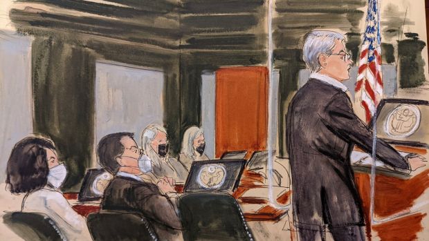 Lead defence attorney Bobbi Sternheim (far right) gives an opening statement while Ghislaine Maxwell (far left) listens during her trial on sex abuse charges in New York on Tuesday. Courtroom sketch photograph: Elizabeth Williams/AP