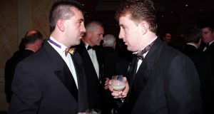 Wexford’s Martin Storey and Offaly’s Brian Whelahan chat at the 1998 All Stars awards at the Burlington Hotel. Photograph:   David Maher/Sportsfile 