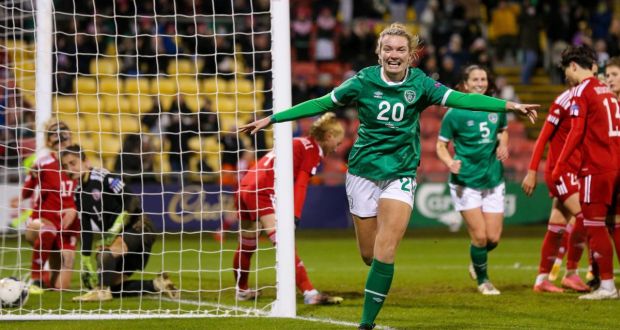 Saoirse Noonan of Republic of Ireland celebrates after scoring her side’s ninth goal during the FIFA Women’s World Cup 2023 Qualifier group A match between Ireland and Georgia at Tallaght Stadium on Tuesday. Photograph: Oisin Keniry/Getty Images