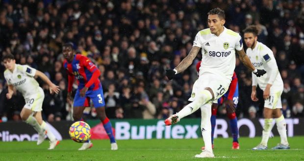 Leeds United’s Raphinha scores his side’s late winning goal from the penalty spot in the Premier League game against Crystal Palace at Elland Road. Photograph: Jan Kruger/Getty Images