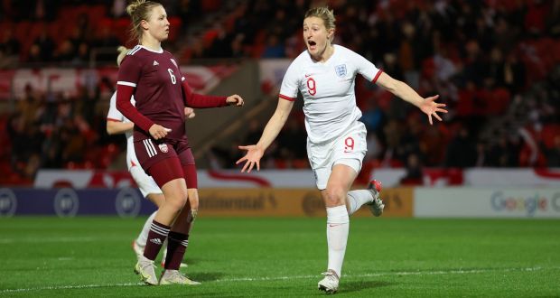 Ellen White celebrates after scoring England’s third and becoming the country’s top goalscorer. Photograph: Catherine Ivill/Getty