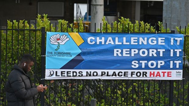 An anti-racism banner hangs outside Yorkshire’s Headingley ground. Photograph: Oli Scarff/Getty